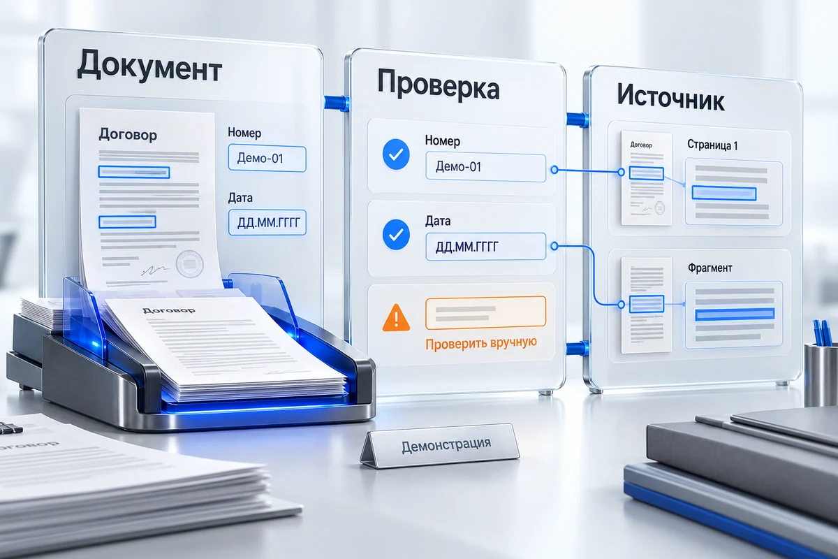 Демонстрация ИИ-проверки: документ, извлечённые поля и связь с исходным материалом.